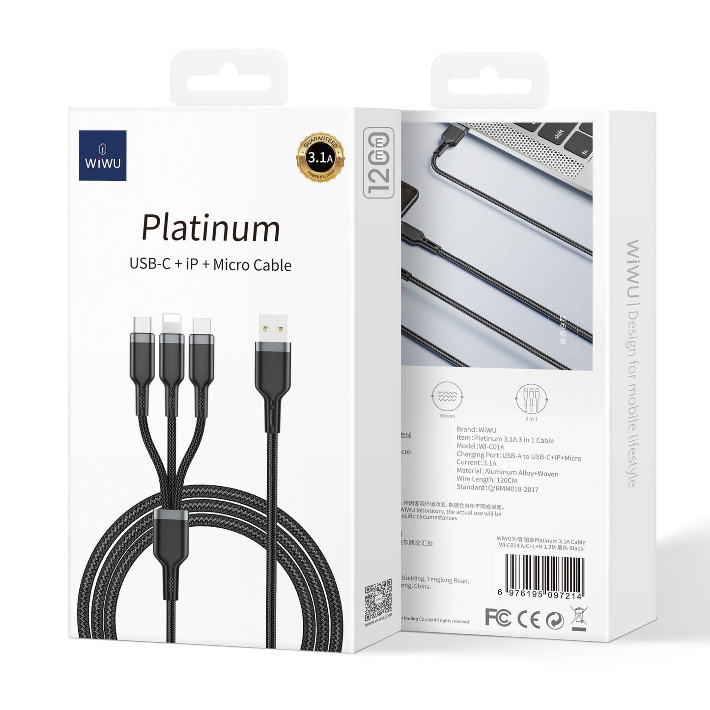 WIWU PLATINUM USB-C+IP+MICRO CABLE 3.1A - image 6